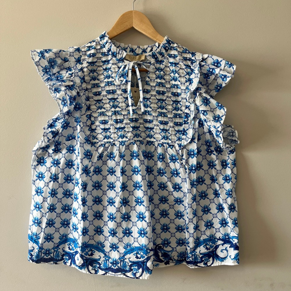 Farmers Market Flounce Sleeve Blouse Coastal Floral White Blue XL NWT Cotton